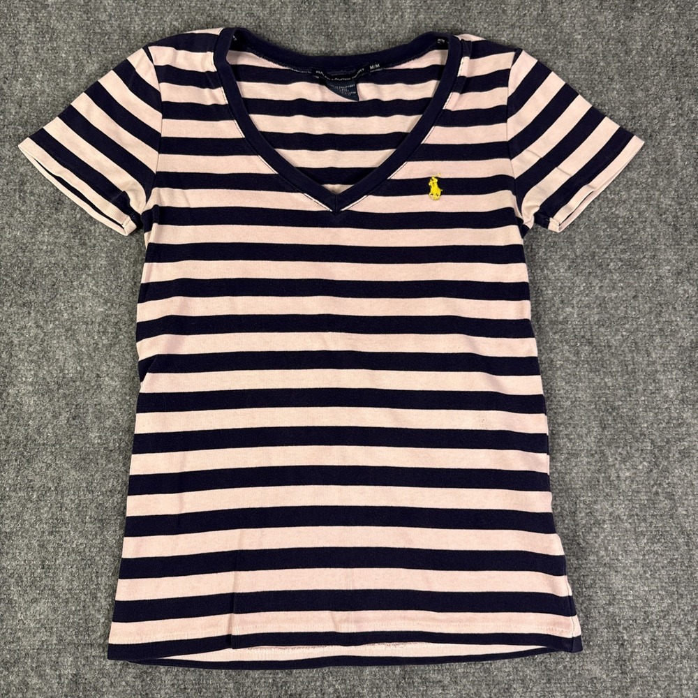 Vintage 90's Y2K Ralph Lauren Sport Striped V-Neck Short Sleeve Shirt Size M